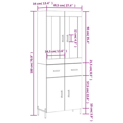 vidaXL Visoka omara bela 69,5x34x180 cm inženirski les