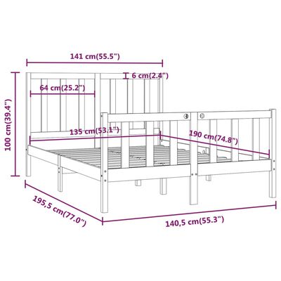 vidaXL Posteljni okvir črn iz trdnega lesa 135x190 cm