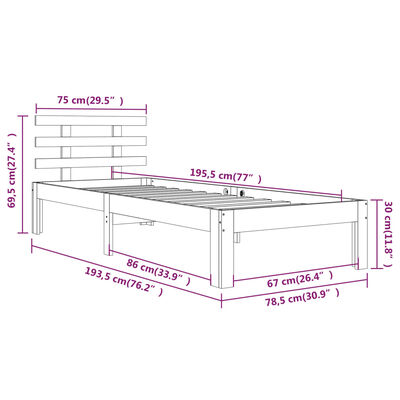 vidaXL Posteljni okvir trden les 75x190 cm