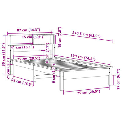 vidaXL Knjižna postelja brez vzmetnice bela 75x190 cm trdna borovina