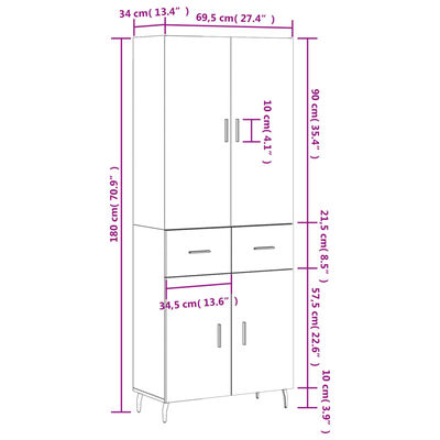 vidaXL Visoka komoda črna 69,5x34x180 cm inženirski les