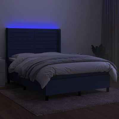 vidaXL Box spring postelja z vzmetnico LED modra 140x200 cm blago