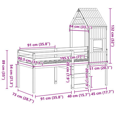 vidaXL Visoka postelja s streho bela 75x190 cm trdna borovina