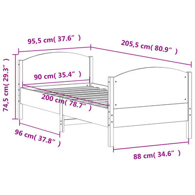 vidaXL Posteljni okvir brez vzmetnice bel 90x200 cm trdna borovina