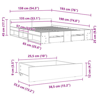 vidaXL Posteljni okvir s predali črn 135x190 cm inženirski les