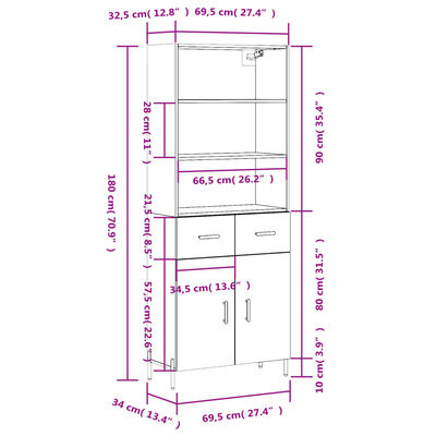 vidaXL Visoka komoda sonoma hrast 69,5x34x180 cm inženirski les