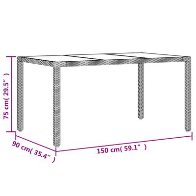 vidaXL Vrtna miza s stekleno ploščo rjav 150x90x75 cm poli ratan