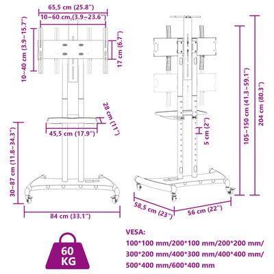 vidaXL TV stojalo na kolesih 32-70-palčni zaslon VESA 600x400 mm 60kg