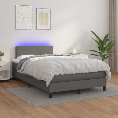 vidaXL Box spring postelja z vzmetnico LED siva 120x190 cm um. usnje