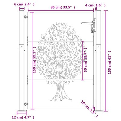 vidaXL Vrtna vrata 105x155 cm corten jeklo dizajn drevesa