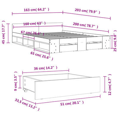 vidaXL Posteljni okvir s predali siva sonoma 160x200 cm inženirski les