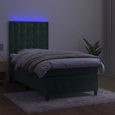 vidaXL Box spring postelja z vzmetnico LED tem. zelena 80x200 cm žamet