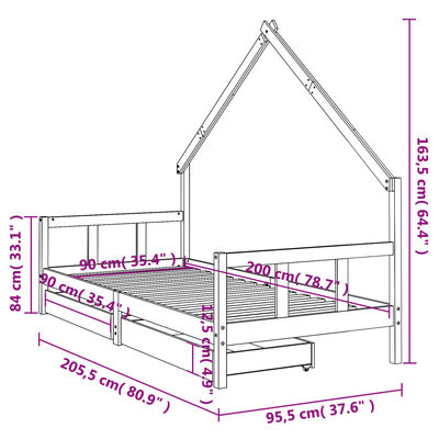 vidaXL Otroški posteljni okvir s predali bel 90x200 cm trdna borovina