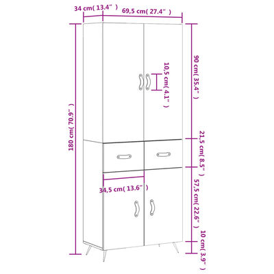 vidaXL Visoka komoda betonsko siva 69,5x34x180 cm inženirski les