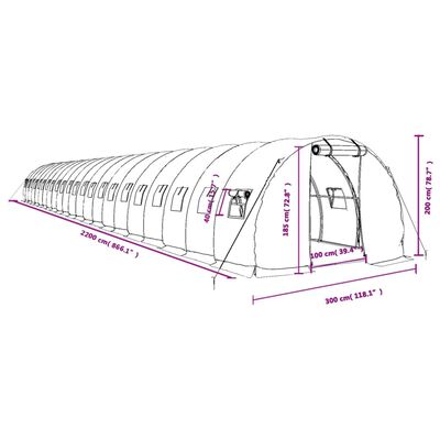 vidaXL Rastlinjak z jeklenim okvirjem bel 66 m² 22x3x2 m