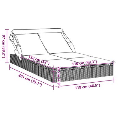 vidaXL Vrtna postelja za 2 osebi s streho siva 213x118x97 cm PE ratan