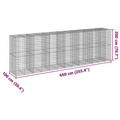 vidaXL Gabionska košara s pokrovom 650x100x200 cm pocinkano železo