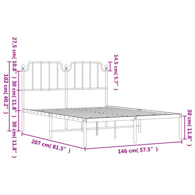 vidaXL Kovinski posteljni okvir z vzglavjem bel 140x200 cm