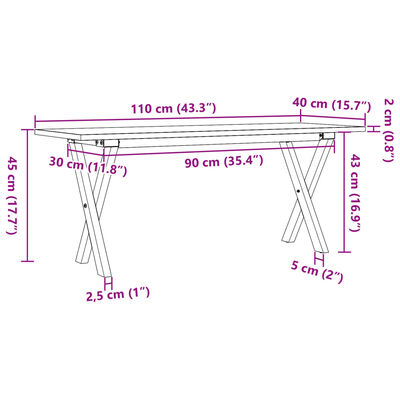 vidaXL Klubska mizica X okvir 110x40x45 cm trdna borovina lito železo