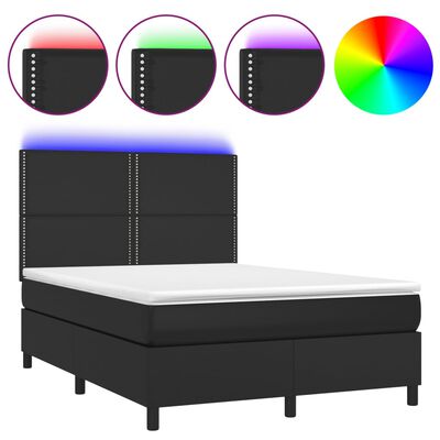 vidaXL Box spring postelja z vzmetnico LED črna 140x190 cm um. usnje