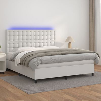 vidaXL Box spring postelja z vzmetnico LED bela 180x200cm umetno usnje