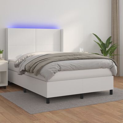 vidaXL Box spring postelja z vzmetnico LED bela 140x200cm umetno usnje