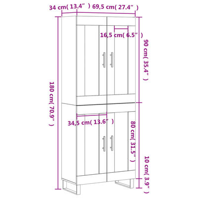 vidaXL Visoka komoda črna 69,5x34x180 cm inženirski les