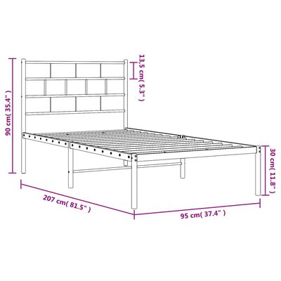 vidaXL Kovinski posteljni okvir z vzglavjem črn 90x200 cm