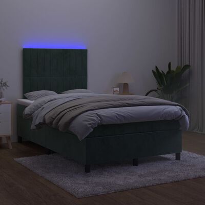 vidaXL Box spring postelja z vzmetnico LED tem. zelena 120x200cm žamet