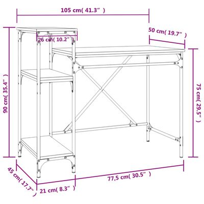 vidaXL Pisalna miza s policami dimljen hrast 105x50x90 cm inženir. les