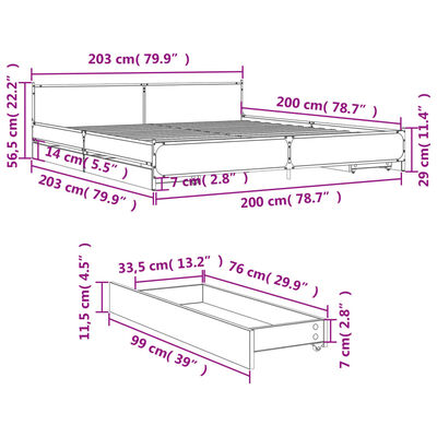 vidaXL Posteljni okvir s predali siva sonoma 200x200 cm inženirski les