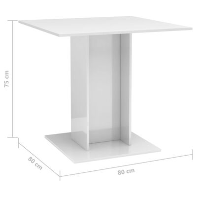 vidaXL Jedilna miza visok sijaj bela 80x80x75 cm iverna plošča