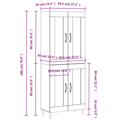 vidaXL Visoka komoda siva sonoma 69,5x34x180 cm inženirski les