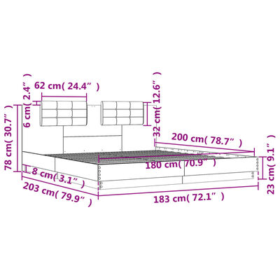 vidaXL Posteljni okvir z vzglavjem rjavi hrast 180x200 cm inž. les