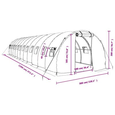 vidaXL Rastlinjak z jeklenim okvirjem bel 36 m² 12x3x2 m