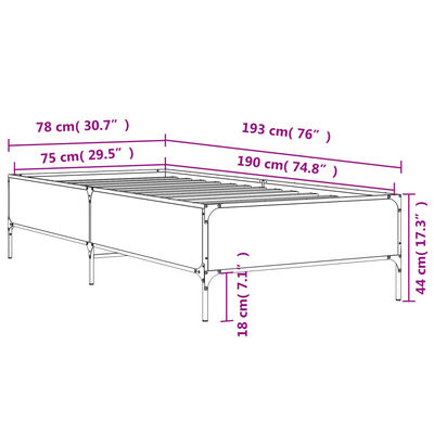 vidaXL Posteljni okvir rjav hrast 75x190 cm inženirski les in kovina