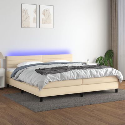 vidaXL Box spring postelja z vzmetnico LED krem 200x200 cm blago