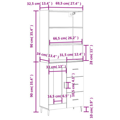 vidaXL Visoka komoda rjav hrast 69,5x34x180 cm inženirski les