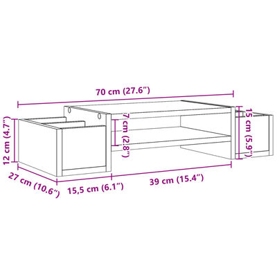 vidaXL Stojalo za monitor s policami starin. les 70x27x15 cm inž. les