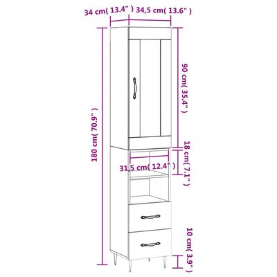 vidaXL Visoka omara visok sijaj bela 34,5x34x180 cm inženirski les