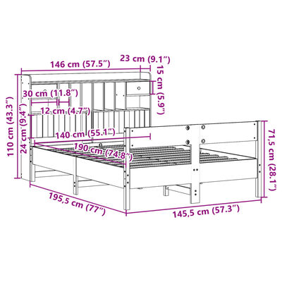 vidaXL Knjižna postelja brez vzmetnice vošč. rjava 140x190 cm borovina