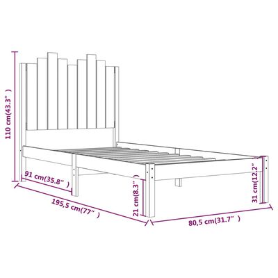 vidaXL Posteljni okvir bel iz trdne borovine 75x190 cm