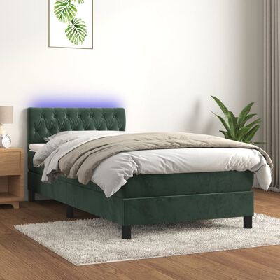 vidaXL Box spring postelja z vzmetnico LED tem. zelena 100x200cm žamet