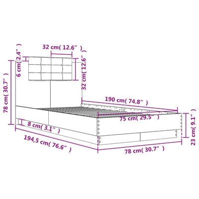 vidaXL Posteljni okvir z vzglavjem rjavi hrast 75x190 cm inž. les