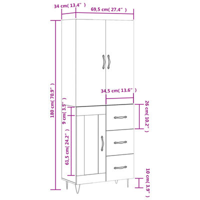 vidaXL Visoka komoda rjav hrast 69,5x34x180 cm inženirski les