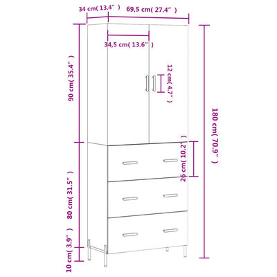 vidaXL Visoka komoda rjav hrast 69,5x34x180 cm inženirski les