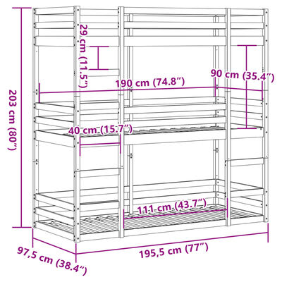 vidaXL Trojni pograd voščeno rjav 90x190 cm trdna borovina