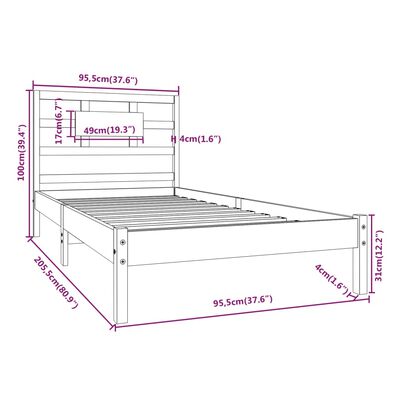 vidaXL Posteljni okvir bel iz trdnega lesa 90x200 cm