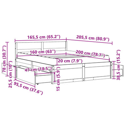 vidaXL Postelja s predali in vzmetnico 160x200 cm trdna borovina