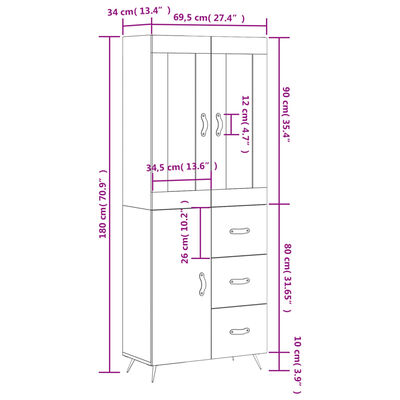 vidaXL Visoka komoda siva sonoma 69,5x34x180 cm inženirski les